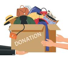 Cardboard Box full of Clothes, Footwear and Accessories. Clothes Donation Concept. Used Clothing in Paper Box. Charity and Donate of Clothing for Poor People. Cartoon Flat Vector Illustration