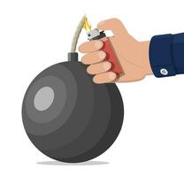 Black ball bomb about to explode and hand with lighter. Metal circle bomb with burning wick about to blast. Vector illustration in flat style