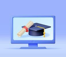 3D Computer with Graduation Cap and Diploma Isolated. Render Computer Monitor and Graduate Hat with Certificate. Online Education Concept E-learning, Online Courses. Vector Illustration