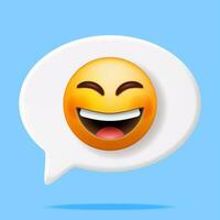 3D Yellow Laugh Emoticon in Speech Bubble Isolated. Render Laughing Smiling Emoji. Happy Lots of Laugh Face LOL. Communication, Web, Social Network Media, App Button. Realistic Vector Illustration