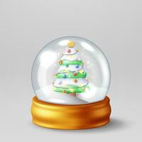 3D Glass Christmas Snow Globe with Tree Isolated. Render Spere Podium with Fir Tree. Happy New Year Decoration. Merry Christmas Holiday. New Year Xmas Celebration. Realistic Vector Illustration