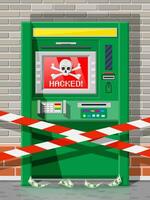 Hacked atm concept, skimming, stealling money from automated teller machine. Out of service or robbery, criminal hacks software in bank. Spyware malware. Computer security. Flat vector illustration