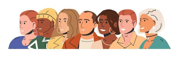 diverso multicultural y multirracial personas grupo. hombre y mujer en de moda atuendo en pie juntos. personas con diferente peinados y etnias en casual ropa. plano vector ilustración