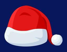 Red Santa Claus Hat Isolated on Blue Background. Hat with Fur and Pompon. Happy New Year Decoration. Merry Christmas Clothes Holiday. New Year and Xmas Celebration. Vector Illustration in Flat Style