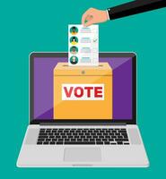 Ballot box, document with candidates on laptop screen. Hand with election bill. Vote paper with faces. Vector illustration in flat style