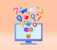 3D Social Media Concept Isolated. Render Computer with Colorful Social Network Icon. Chat Bubble, Like Button, Exclamation Question Mark, Notification Bell. Online Communication. Vector Illustration