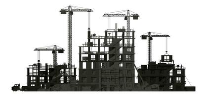 construcción sitio bandera silueta aislado. camión auto, trabajadores, hormigón pila de algo, torre grua. debajo construcción diseño antecedentes. edificio materiales y equipo. dibujos animados plano vector ilustración