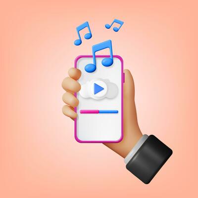 3D Hand with Music Cloud Note in Mobile Phone. Render Smartphone Streaming Music Platform Icon. Modern Music Service. Note Realistic Design. Musical Note, Sound Song or Noise Sign. Vector illustration