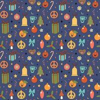 Christmas groovy elements pattern. Groovy Hippie holiday texture with Christmas objects in retro 70s style. Vector hand drawn illustration on dark blue background.