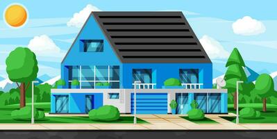 Landscape with Residential Cottage or Countryside Building Exterior. Facade with Trees and Garden at Front Yard Mountain. Modern Suburban House. Real Estate Concept. Cartoon Flat Vector Illustration