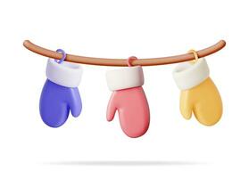 3D Colorful Gloves Hanging on Clothesline. Render Christmas Santa Mitten Isolated. Hanging Holiday Decorations for Gifts. New Year and Xmas Celebration. Realistic Vector Illustration