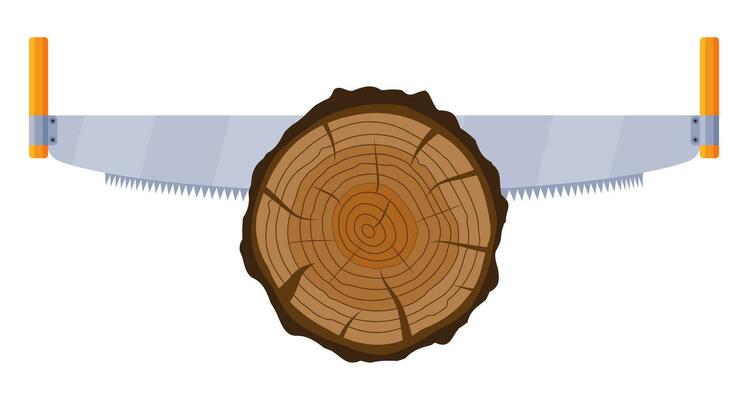 Saw Sawing Tree Trunk. Carpenter Sawing Wood. Wood Cut, Cross Section of Tree or Stump. Carpentry Work. Wooden Log and Hand Saw. Cartoon Flat Vector Illustration