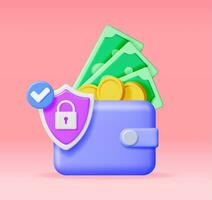 3D Wallet with Shield and Padlock Isolated. Render Leather Purse and Pad Lock. Protect Wallet Icon. Financial Safety. Secure Payments, Financial Security, Money Under Protection. Vector Illustration