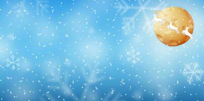 3D Christmas Background with White Falling Snowflakes and Moon. Render Snow Sparkles. Blue Winter Sky Banner. Happy New Year Celebration Template. New Year Xmas Holiday. Vector Illustration