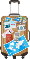 Tourist equipment on brown travel bag png