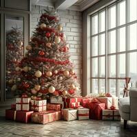 Cosy living room with beautiful christmas tree and red gifts in modern interior. Interior of living room decorated for merry christmas with socks, gift boxes and christmas accessories by AI Generated photo