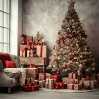 Cosy living room with beautiful christmas tree and red gifts in modern interior. Interior of living room decorated for merry christmas with socks, gift boxes and christmas accessories by AI Generated photo