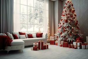 Cosy living room with beautiful christmas tree and red gifts in modern interior. Interior of living room decorated for merry christmas with socks, gift boxes and christmas accessories by AI Generated photo