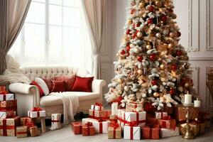 Cosy living room with beautiful christmas tree and red gifts in modern interior. Interior of living room decorated for merry christmas with socks, gift boxes and christmas accessories by AI Generated photo