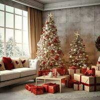 Cosy living room with beautiful christmas tree and red gifts in modern interior. Interior of living room decorated for merry christmas with socks, gift boxes and christmas accessories by AI Generated photo