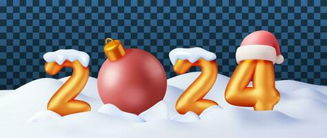 3d Gold Balloon 2024 New Year Symbol in Snow Isolated. Render Golden 2024 Number Holiday Party Decoration. Metallic Ballon Shiny Font. New Year and Xmas Celebration. Realistic Vector Illustration