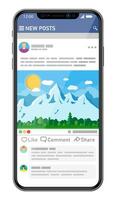 Social network interface template on smartphone screen. News post frames pages on mobile device. Users comment on photo. Social resources application mock up. Vector illustration in flat style