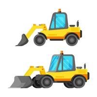 Bulldozer Construction Machinery Isolated on White. Yellow Bulldozer Side View. Plastic Children Toy. Heavy Building Machine. Tractor with Loading Shield Industrial Equipment. Flat Vector Illustration