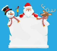 Santa Claus, Snowman and Deer Christmas Characters. Scroll with Wishes. Happy New Year Decoration. Merry Christmas Holiday. New Year and Xmas Celebration. Vector Illustration in Flat Style