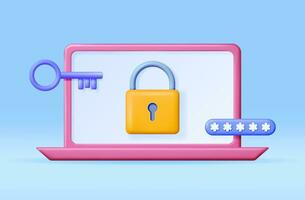 3D Laptop with Shield Lock and Password on Screen. Render Computer with Padlock. Concept of Computer Security, Data Protection and Confidentiality. Safety, Encryption and Privacy. Vector Illustration