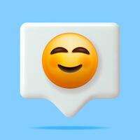 3D Yellow Happy Emoticon Blushing with Smiling Eyes on Speech Bubble. Render Slightly Smiling Emoji. Happy Face Simple. Communication, Web, Social Network Media, App Button. Vector Illustration