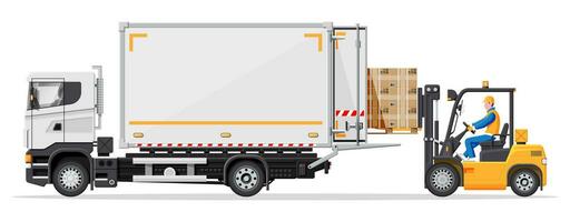 Forklift loading pallet boxes into truck. Warehouseman with checklist. Electric uploader loading cardboard boxes in delivery car. Logistic shipping cargo. Storage equipment. Flat vector illustration