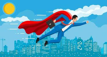 Superhero businessman flying over cityscape in sky. Business man in suit and red cloak. Goal setting. Smart goal. Business target concept. Achievement and success. Vector illustration in flat style