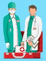 Two doctors in coat with stethoscope in fist aid kit. Medical suit with different pills and medical devices in pockets. Healthcare staff, hospital and medical diagnostics. Flat vector illustration
