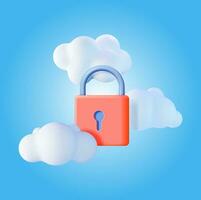 3d blanco nube con bloqueado candado. hacer nube con almohadilla bloquear icono. concepto de nube datos proteccion, seguridad y confidencialidad seguridad, cifrado y privacidad. vector ilustración