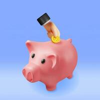 3D Piggy Bank with Coins in Hand Isolated. Render Plastic Piggy Bank for Money. Moneybox in Form of Pig. Concept of Cash Money, Business Deposit Investment, Financial Savings. Vector Illustration