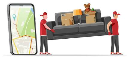 Delivery character man movers carry sofa and smartphone with map app. Porters carry couch isolated. Moving company with loaders and furniture. Delivery relocation service. Flat vector illustration