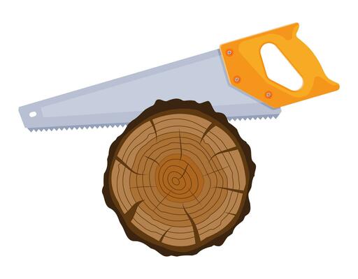 Saw Sawing Tree Trunk. Carpenter Sawing Wood. Wood Cut, Cross Section of Tree or Stump. Carpentry Work. Wooden Log and Hand Saw. Cartoon Flat Vector Illustration