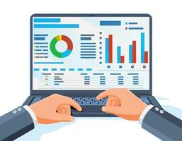 ordenador portátil con estadístico o analítico información. analista o auditor trabajando en cuaderno dispositivo. cuadro, tarta, bar. computadora con anual informe, hojas de calculo datos resumen. plano vector ilustración