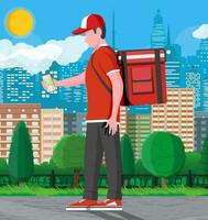 mensajero en rojo uniforme recepción el en línea orden en teléfono. hombre con caja. personaje con mochila parcela. gratis y rápido Envío y entrega, en línea orden. vector ilustración en plano estilo