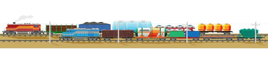 Set Of Train Cargo Wagons, Cisterns, Tanks And Cars. Railroad Freight Collection. Flatcar, Boxcar, Car Carriage. Industrial Carriages, Side View. Cargo Rail Transportation. Flat Vector Illustration