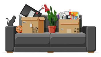 Moving to new house. Family relocated to new home. Sofa with paper cardboard boxes with various household items. Package for transportation. Computer, lamp. Vector illustration in flat style