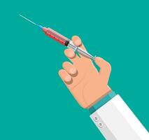 Medical plastic syringe with red liquid in hand. Injection syringe needles. Medical equipment. Healthcare. Vector illustration in flat style