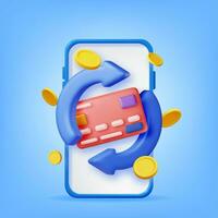 3d redondo flecha con banco tarjeta y dorado monedas en teléfono. hacer devolución de dinero o regreso dinero en compras. pago con dinero atrás. reembolso y digital pago. regreso de inversión. vector ilustración