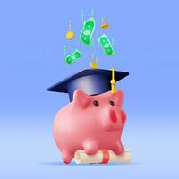 3D Piggy Bank with Graduation Cap, Diploma Scroll and Golden Coins. Render Concept of Savings for Education. Savings and Investment. Academic and School Knowledge. Realistic Vector Illustration