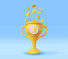 3D Golden Champion Trophy with Gold Coins. Render Money, Cup Trophy Icon. Gold Trophy for Competitions. Award, Victory, Goal, Champion Achievement, Prize, Sports Award, Success. Vector Illustration