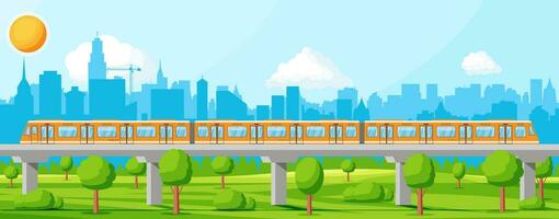 Skytrain and Landscape with Cityscape. Super Streamlined Train. Passenger Express Railway Locomotive. Monorail Railroad Public Transportation. Rapid Transport Subway. Flat Vector Illustration