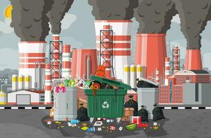 Plant smoking pipes. Smog in city. Trash emission from factory. Grey sky polluted trees grass. Garbage bin full of trash. Environmental pollution ecology nature. Vector illustration flat style