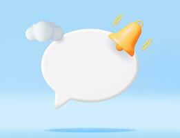 3D Notification Popup with Bell Icon. Golden Render Ringing Bell. Gold School Bell and Chat Cloud Mockup. Alert and Alarm Symbol. Social Media Network Notification Reminder. Vector Illustration