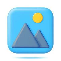 3D Gallery Icon Isolated. Minimal Mountains with Sun Under Blue Sky. Cartoon Render Photo Icon. App Image File. JPG Photo Symbol. Simple Geometric Elements Design. Vector Illustration