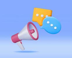 3D Megaphone with Blank Bubble Chat Isolated. Render Plastic Megaphone Realistic. Modern Bullhorn or Loudspeaker. Announcement Message, Marketing, Job, Attention. Vector Illustration